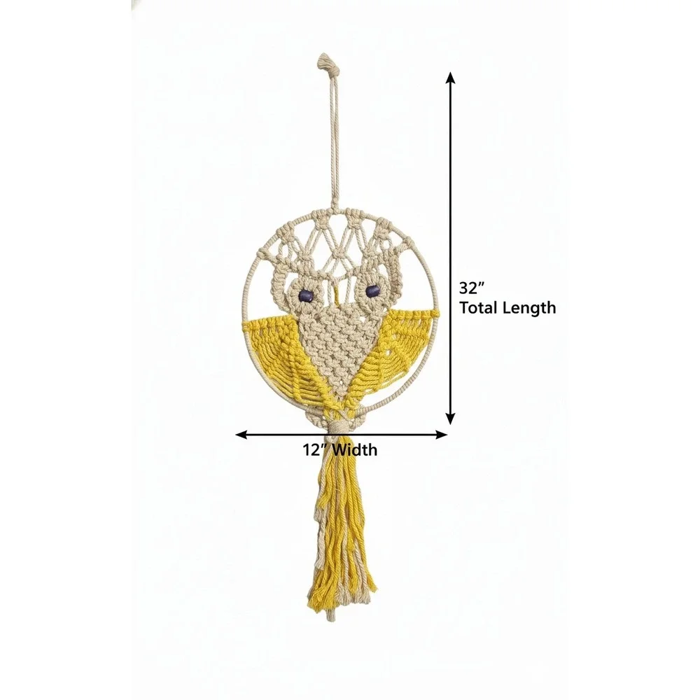 Handmade Macrame Owl Wall Hanging Yellow Cream 32 Inch Tassel Decor‎